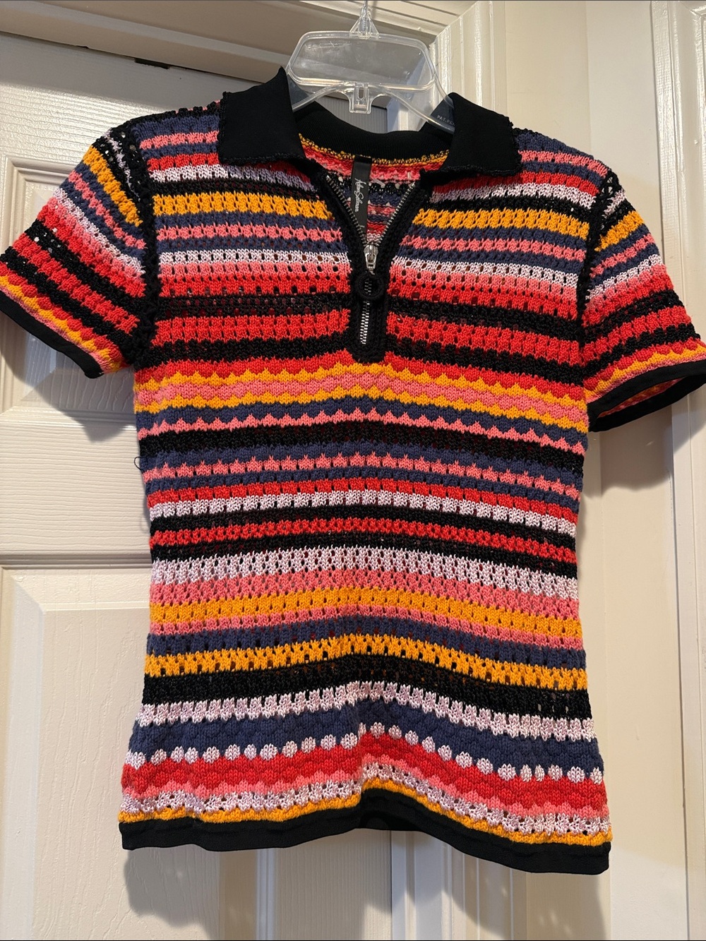 Rainbow Striped Crochet Short Sleeve Zipper Collar Polo Rainbow Boho Coquette M